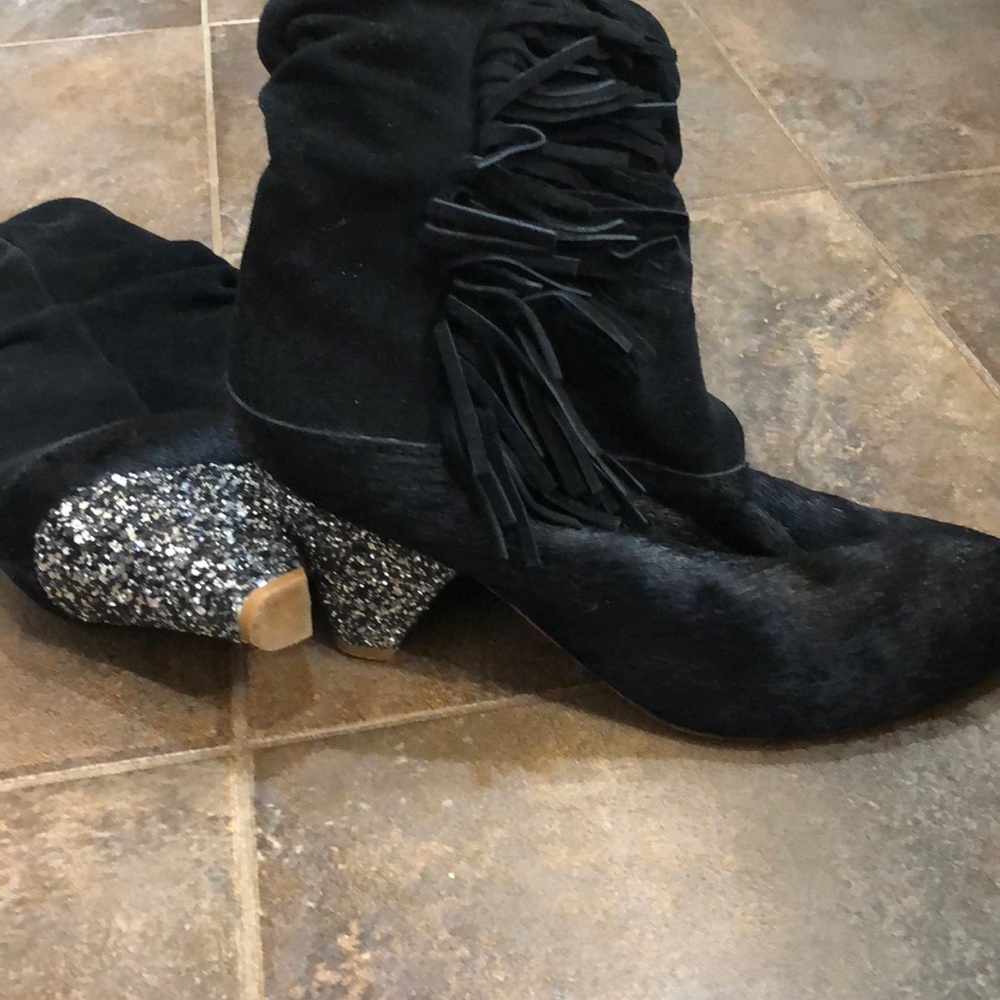Black suede and calfhair fringe booties